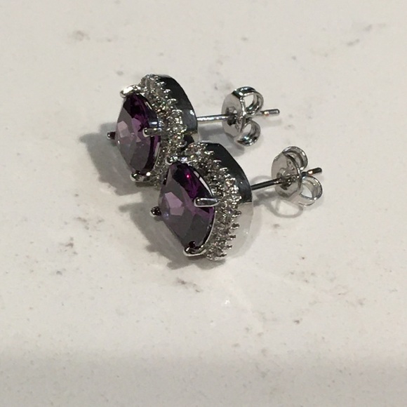 925 Silver Amethyst & Sapphire Halo Cut Earrings - Picture 6 of 12